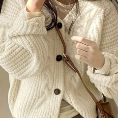 Women's Oversized Cable-Knit Cardigan Button-Front Cozy Layering Casual