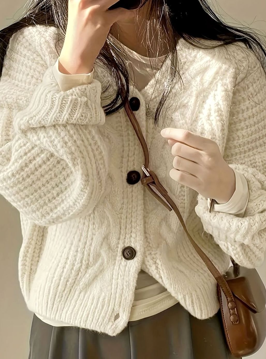 Women's Oversized Cable-Knit Cardigan Button-Front Cozy Layering Casual