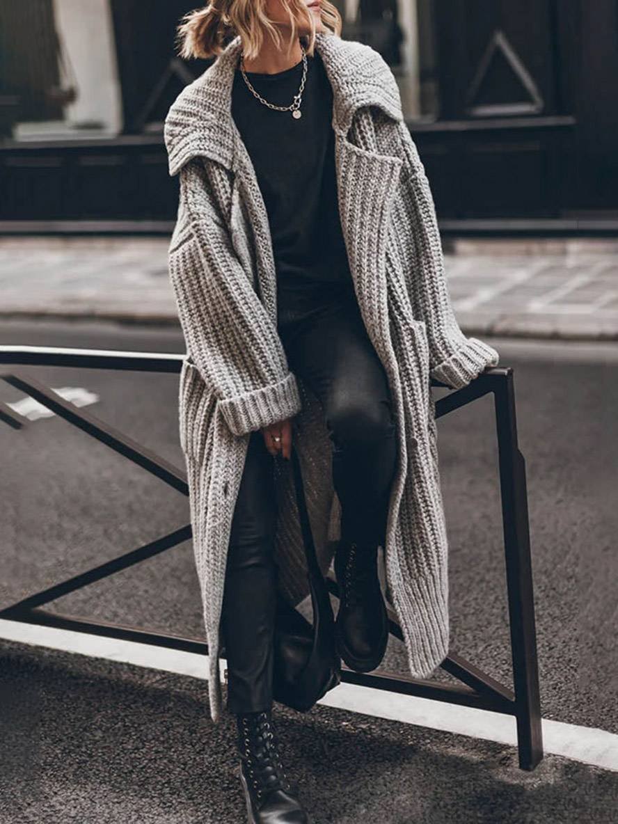 Women's Oversized Longline Cardigan Chunky Rib-Knit Lapel Styling Cozy