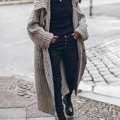 Women's Oversized Longline Cardigan Chunky Rib-Knit Lapel Styling Cozy