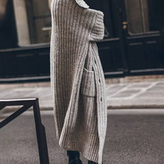 Women's Oversized Longline Cardigan Chunky Rib-Knit Lapel Styling Cozy