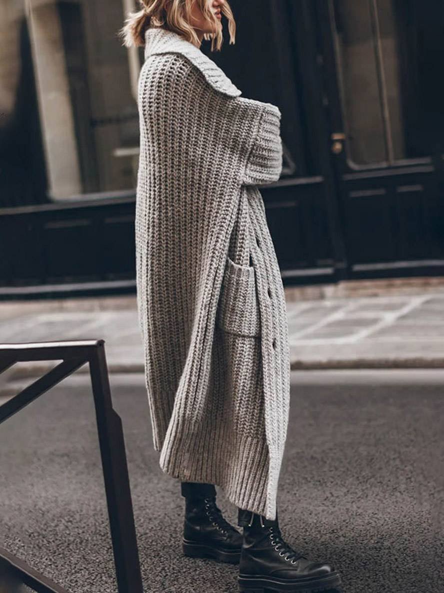 Women's Oversized Longline Cardigan Chunky Rib-Knit Lapel Styling Cozy