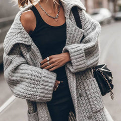 Women's Oversized Longline Cardigan Chunky Rib-Knit Lapel Styling Cozy