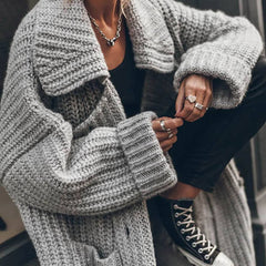 Women's Oversized Longline Cardigan Chunky Rib-Knit Lapel Styling Cozy