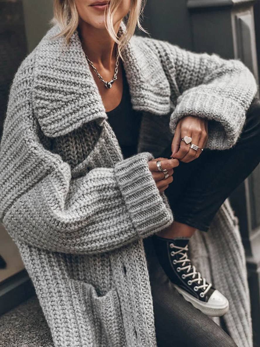 Women's Oversized Longline Cardigan Chunky Rib-Knit Lapel Styling Cozy