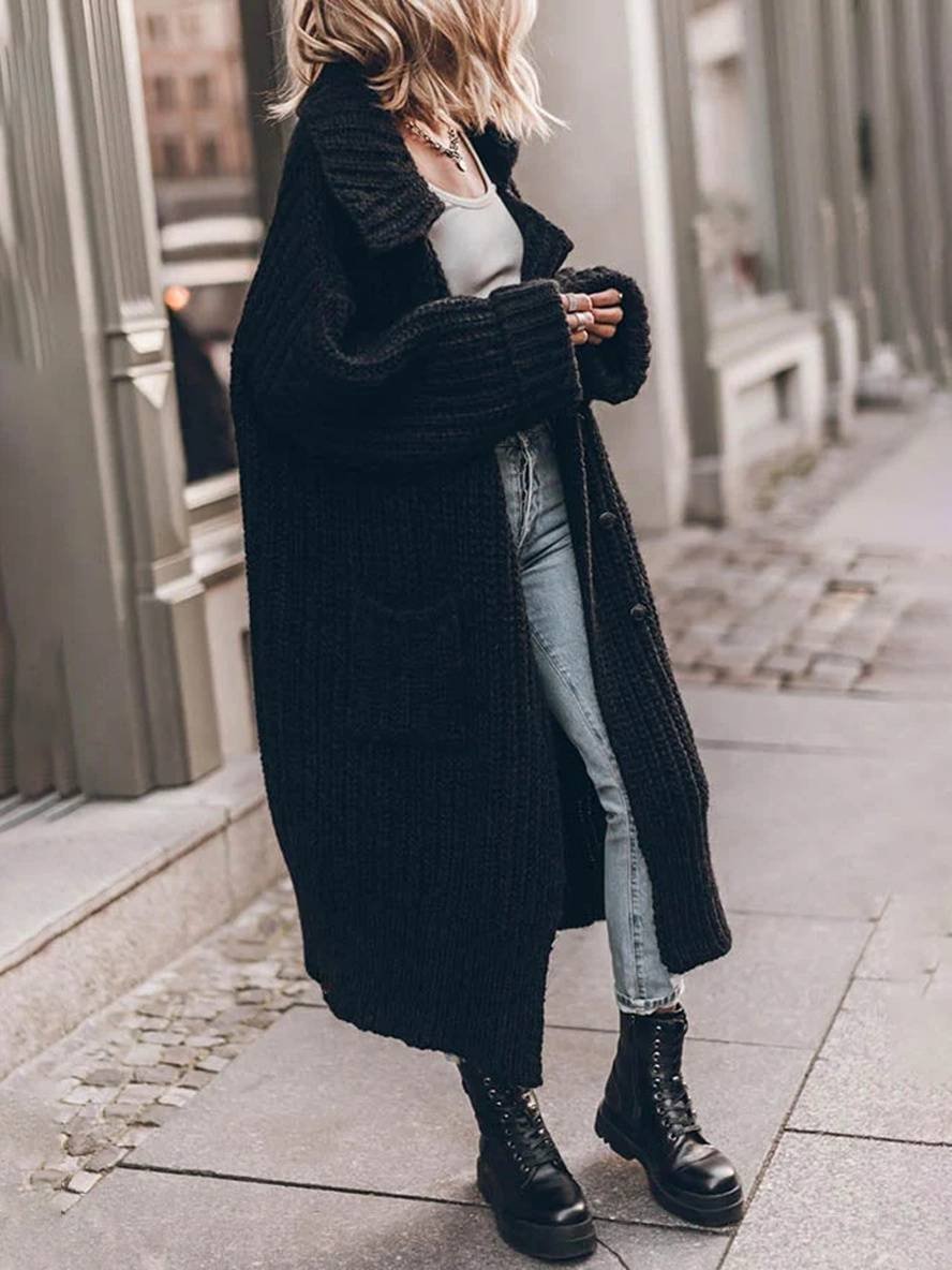 Women's Oversized Longline Cardigan Chunky Rib-Knit Lapel Styling Cozy