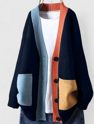 Women's Oversized Color-Block Cardigan Sweater Button-Front Casual Layering