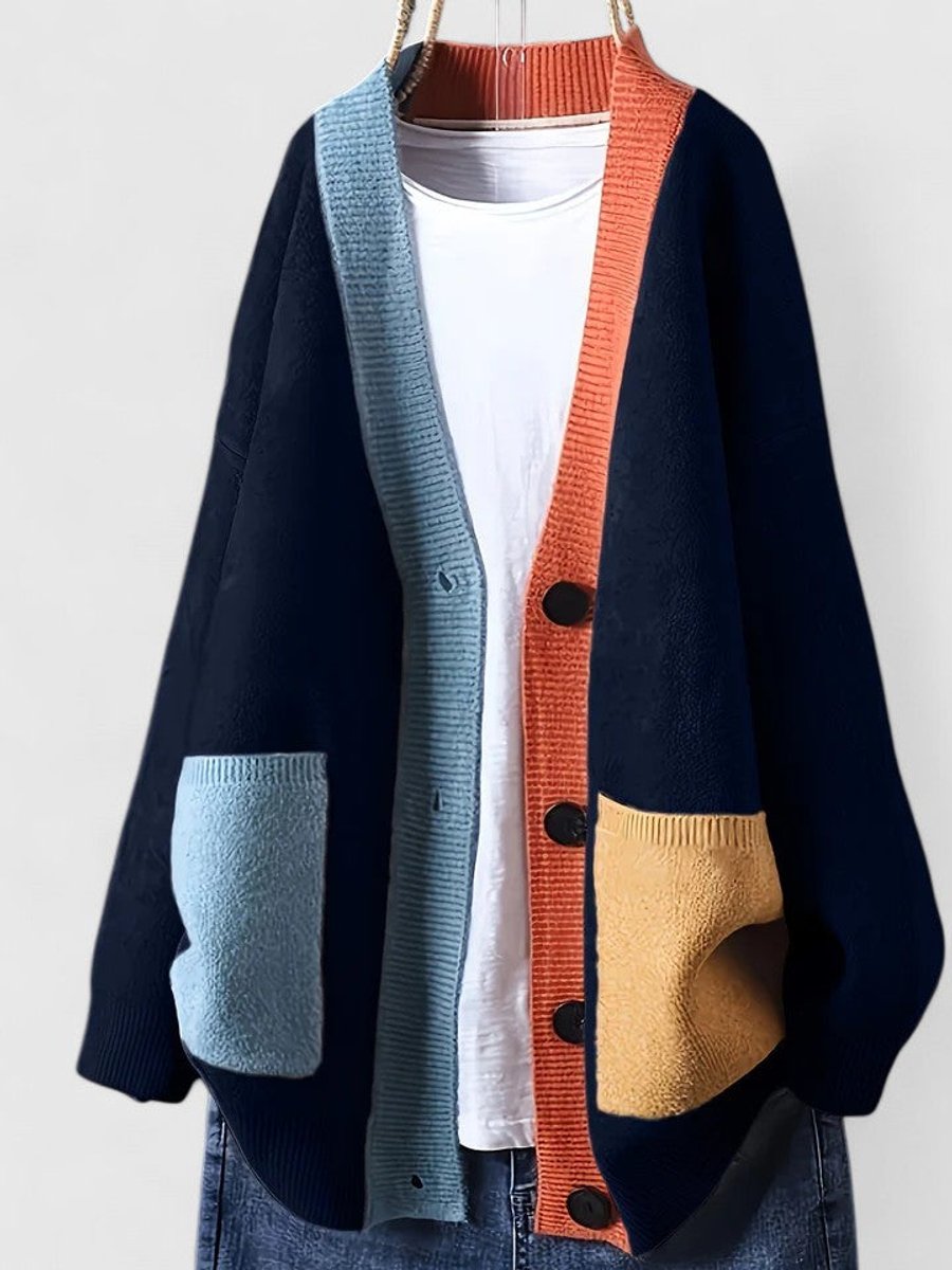 Women's Oversized Color-Block Cardigan Sweater Button-Front Casual Layering