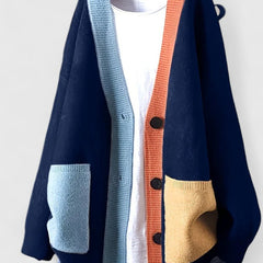 Women's Oversized Color-Block Cardigan Sweater Button-Front Casual Layering