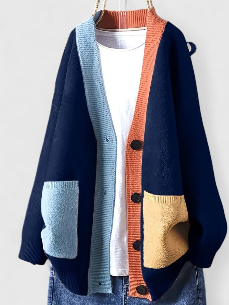 Women's Oversized Color-Block Cardigan Sweater Button-Front Casual Layering