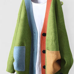 Women's Oversized Color-Block Cardigan Sweater Button-Front Casual Layering