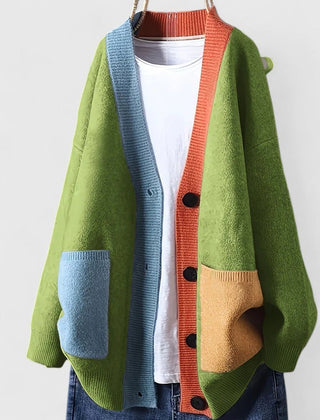 Women's Oversized Color-Block Cardigan Sweater Button-Front Casual Layering