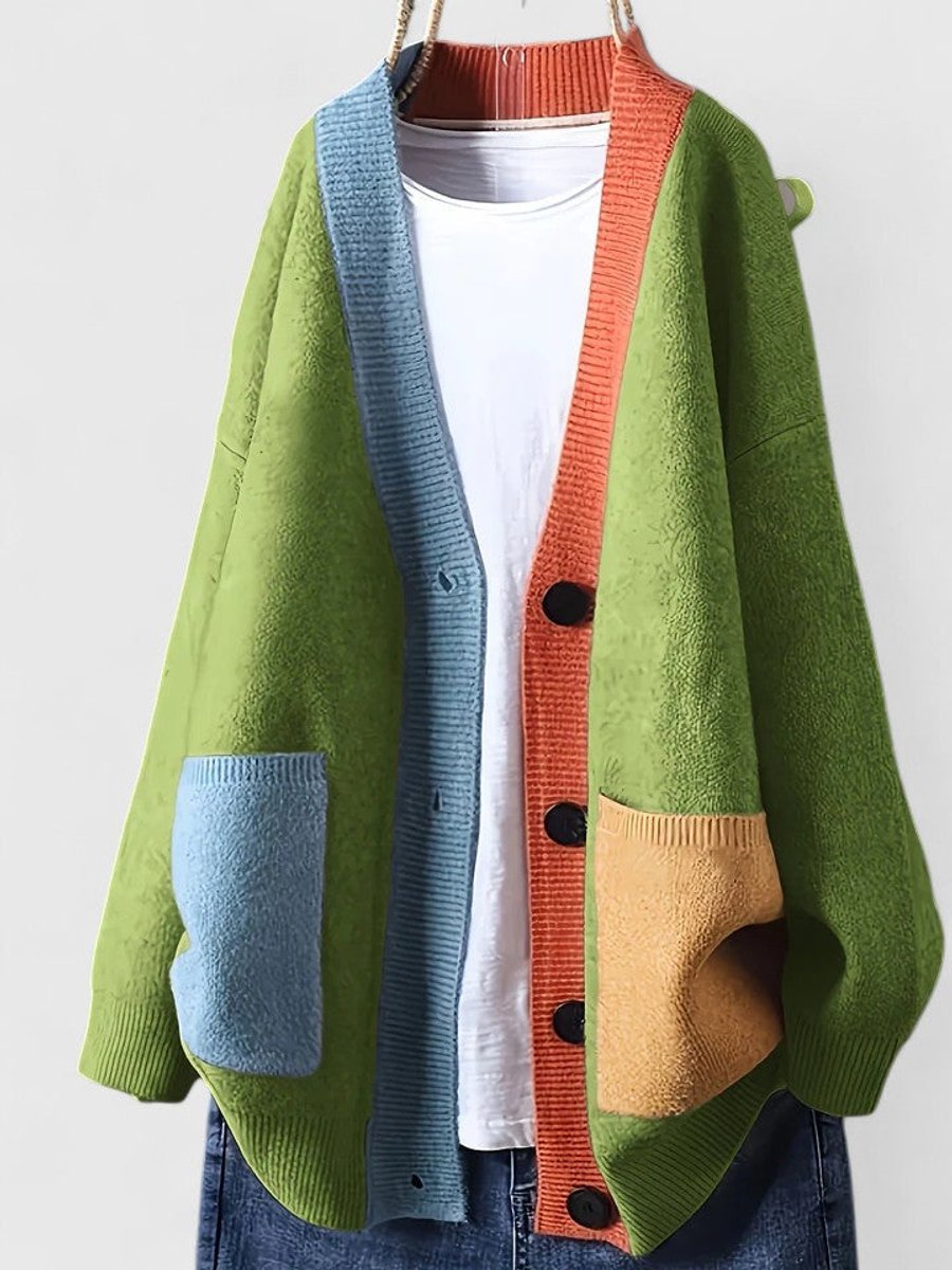 Women's Oversized Color-Block Cardigan Sweater Button-Front Casual Layering