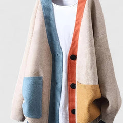 Women's Oversized Color-Block Cardigan Sweater Button-Front Casual Layering