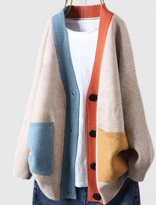 Women's Oversized Color-Block Cardigan Sweater Button-Front Casual Layering