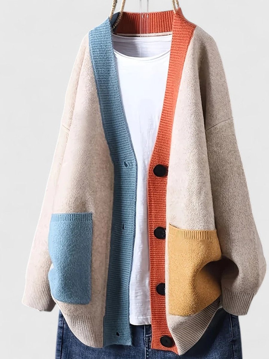 Women's Oversized Color-Block Cardigan Sweater Button-Front Casual Layering
