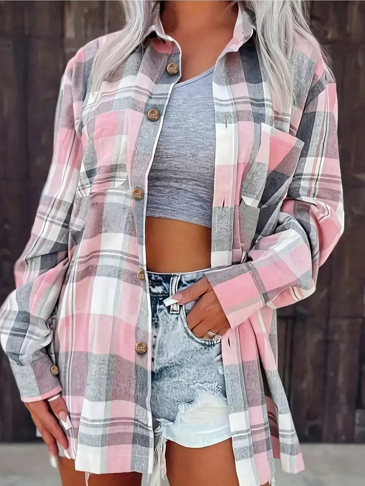 Women's Oversized Flannel Cardigan Open-Front Plaid Layering Casual