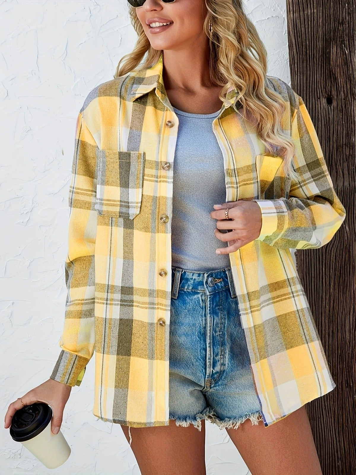 Women's Oversized Flannel Cardigan Open-Front Plaid Layering Casual