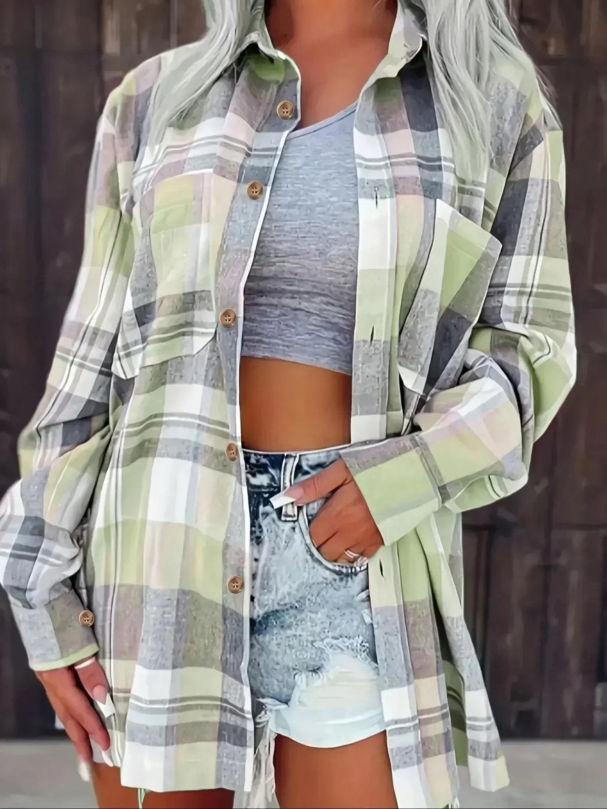 Women's Oversized Flannel Cardigan Open-Front Plaid Layering Casual