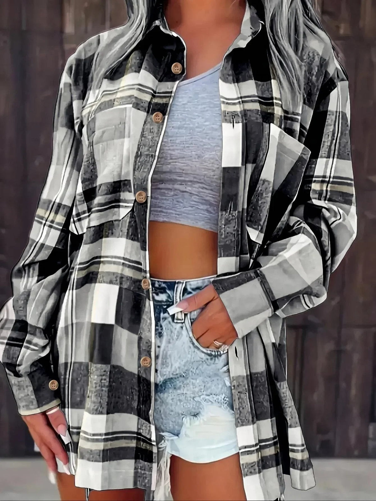 Women's Oversized Flannel Cardigan Open-Front Plaid Layering Casual