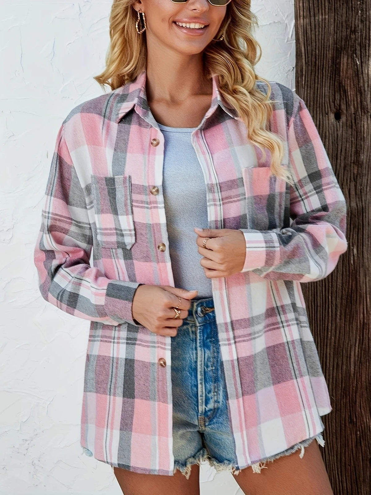 Women's Oversized Flannel Cardigan Open-Front Plaid Layering Casual