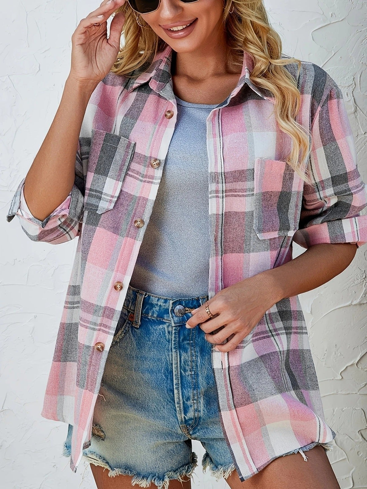 Women's Oversized Flannel Cardigan Open-Front Plaid Layering Casual