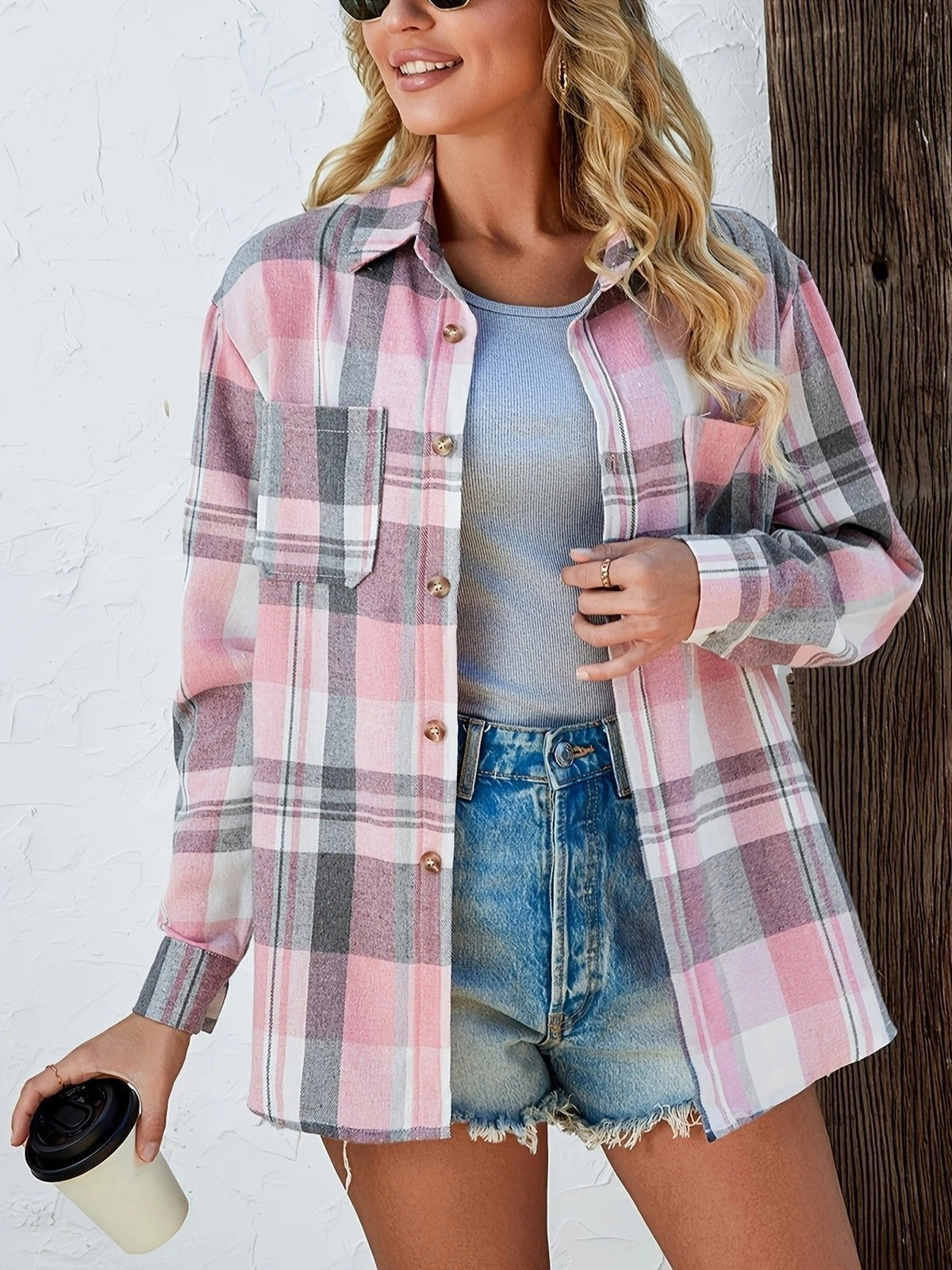 Women's Oversized Flannel Cardigan Open-Front Plaid Layering Casual