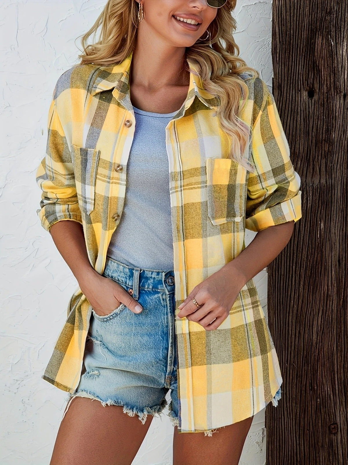 Women's Oversized Flannel Cardigan Open-Front Plaid Layering Casual