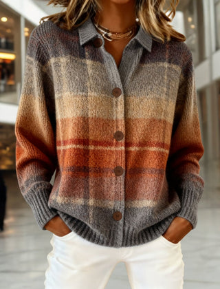 Women's Plaid Knit Cardigan Sweater Button-Down Long Sleeve Casual Layering