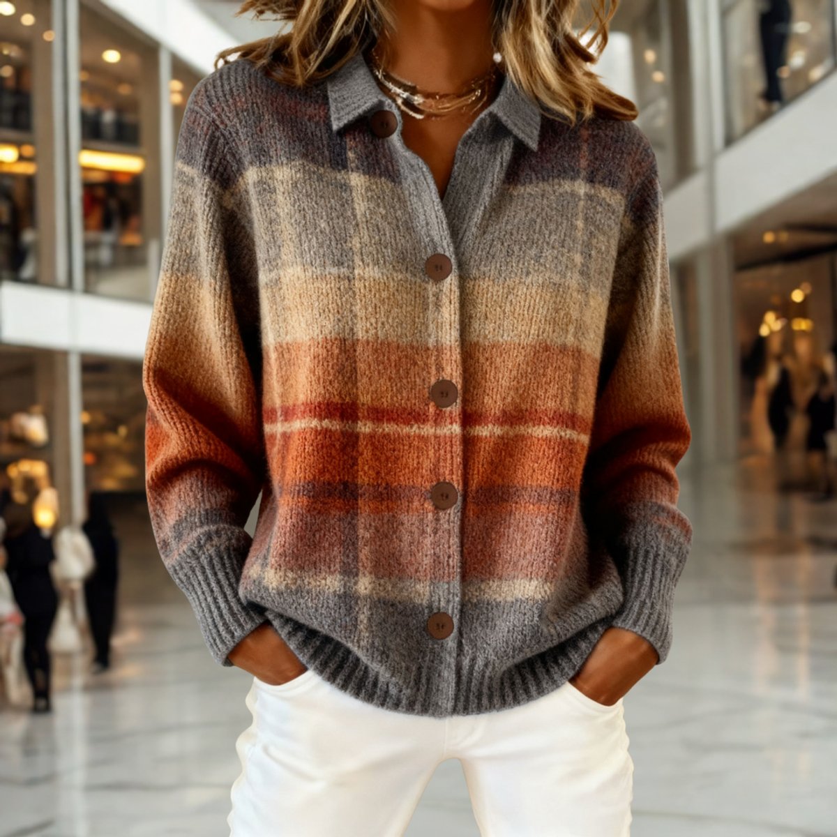 Women's Plaid Knit Cardigan Sweater Button-Down Long Sleeve Casual Layering