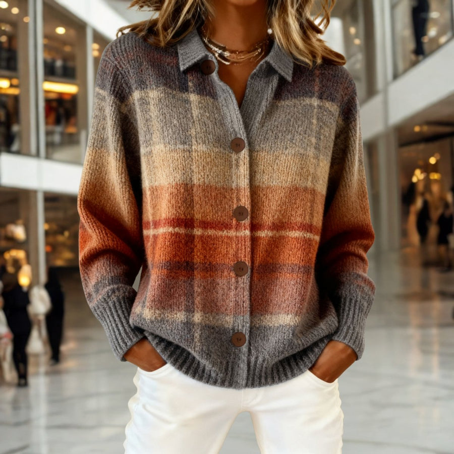 Women's Plaid Knit Cardigan Sweater Button-Down Long Sleeve Casual Layering