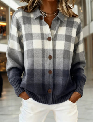 Women's Plaid Knit Cardigan Sweater Button-Front Long Sleeve Casual Everyday