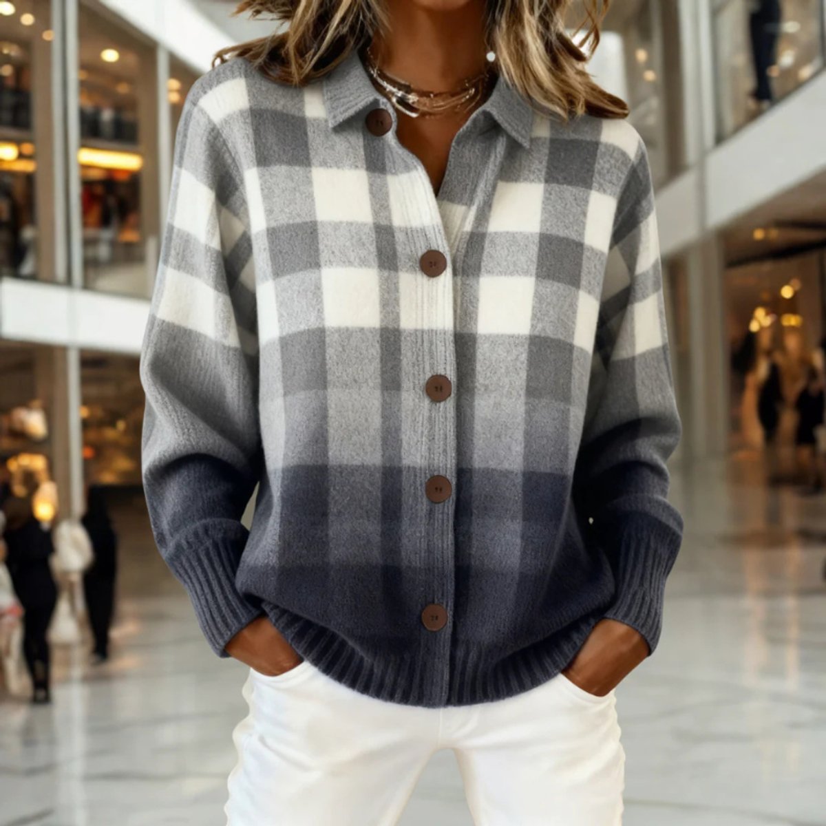 Women's Plaid Knit Cardigan Sweater Button-Front Long Sleeve Casual Everyday