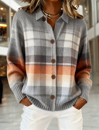 Women's Plaid Knit Cardigan Sweater Button-Front Long Sleeve Casual Layering