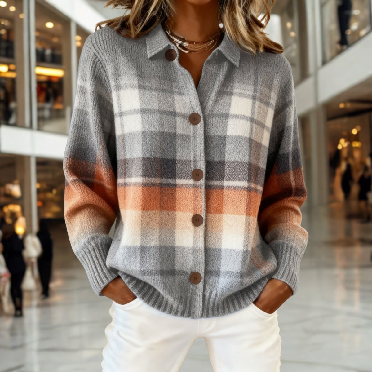 Women's Plaid Knit Cardigan Sweater Button-Front Long Sleeve Casual Layering