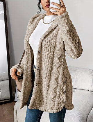 Women's Plush Hooded Cardigan Button-Front Long Sleeve Cozy Layering