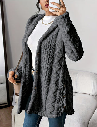 Women's Plush Hooded Cardigan Button-Front Long Sleeve Cozy Layering