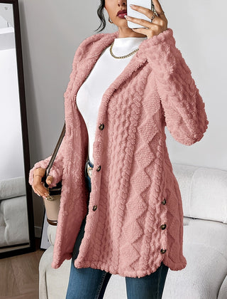 Women's Plush Hooded Cardigan Button-Front Long Sleeve Cozy Layering