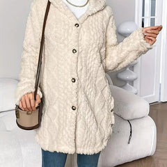Women's Plush Hooded Cardigan Button-Front Long Sleeve Cozy Layering