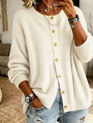 Women's Relaxed-Fit Button-Front Knit Cardigan Crew Neck Layering Casual Everyday