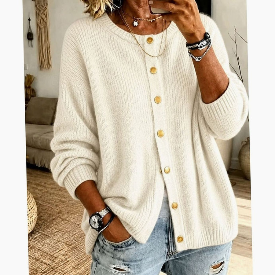 Women's Relaxed-Fit Button-Front Knit Cardigan Crew Neck Layering Casual Everyday