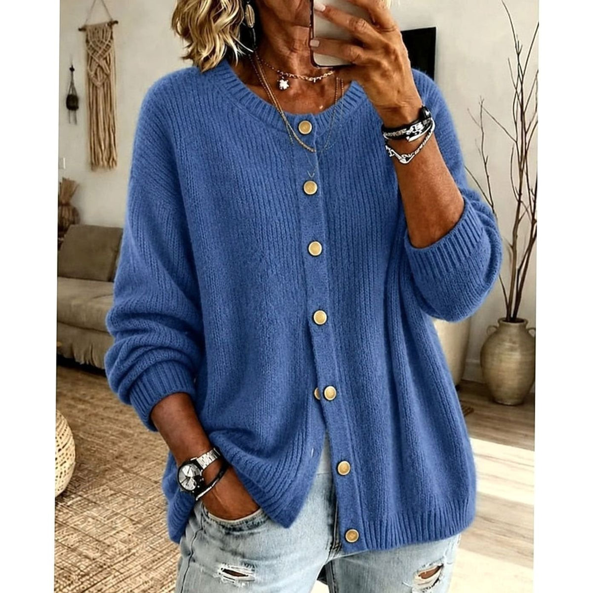 Women's Relaxed-Fit Button-Front Knit Cardigan Crew Neck Layering Casual Everyday