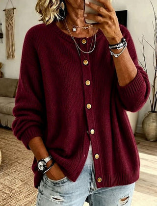 Women's Relaxed-Fit Button-Front Knit Cardigan Crew Neck Layering Casual Everyday
