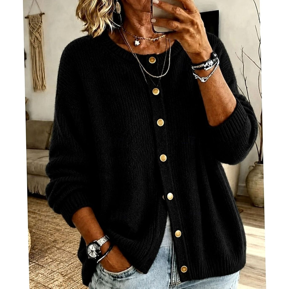 Women's Relaxed-Fit Button-Front Knit Cardigan Crew Neck Layering Casual Everyday