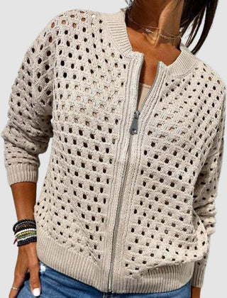 Women's Relaxed-Fit Zip-Up Cardigan Hollow-Knit Lightweight Casual Layering
