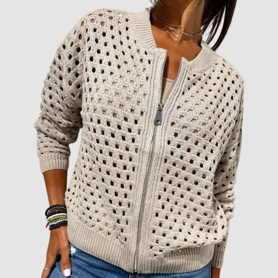 Women's Relaxed-Fit Zip-Up Cardigan Hollow-Knit Lightweight Casual Layering