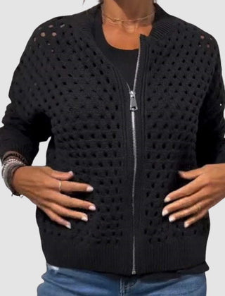 Women's Relaxed-Fit Zip-Up Cardigan Hollow-Knit Lightweight Casual Layering