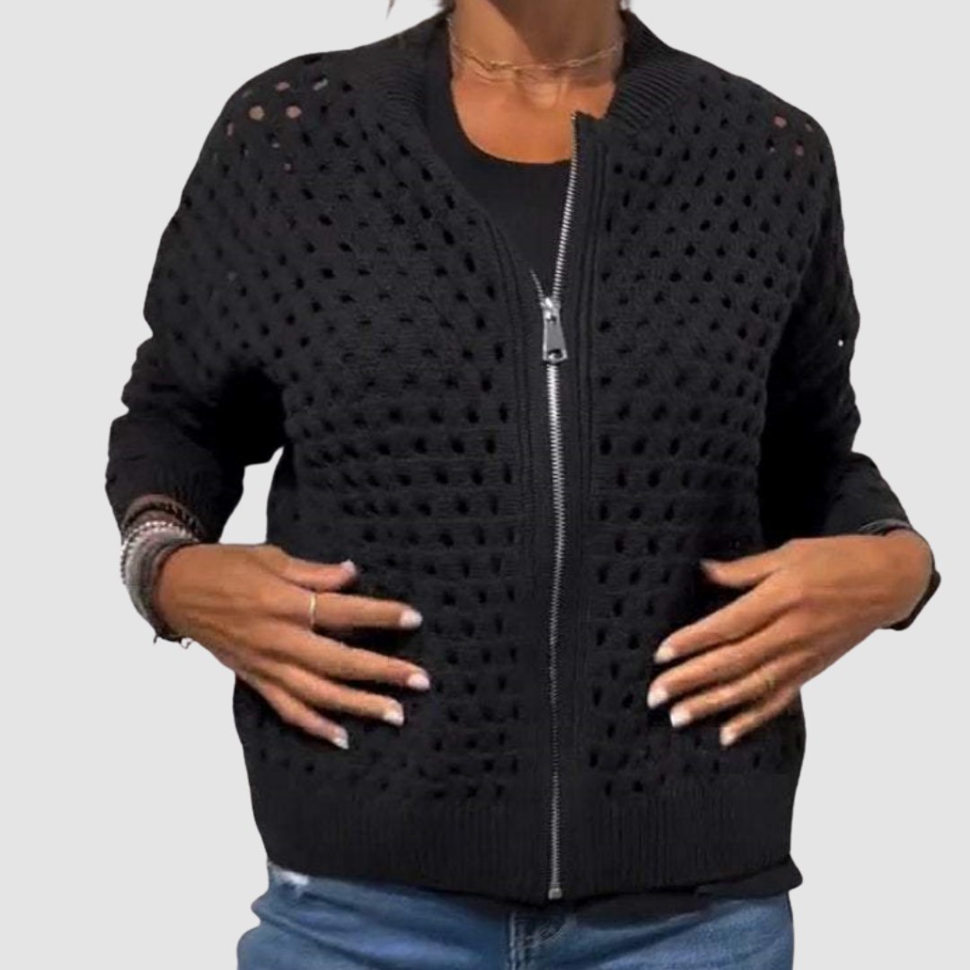 Women's Relaxed-Fit Zip-Up Cardigan Hollow-Knit Lightweight Casual Layering