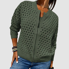 Women's Relaxed-Fit Zip-Up Cardigan Hollow-Knit Lightweight Casual Layering