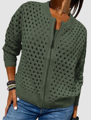 Women's Relaxed-Fit Zip-Up Cardigan Hollow-Knit Lightweight Casual Layering